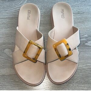 OluKai Women's Cream Slide Sandals with Tan Buckle